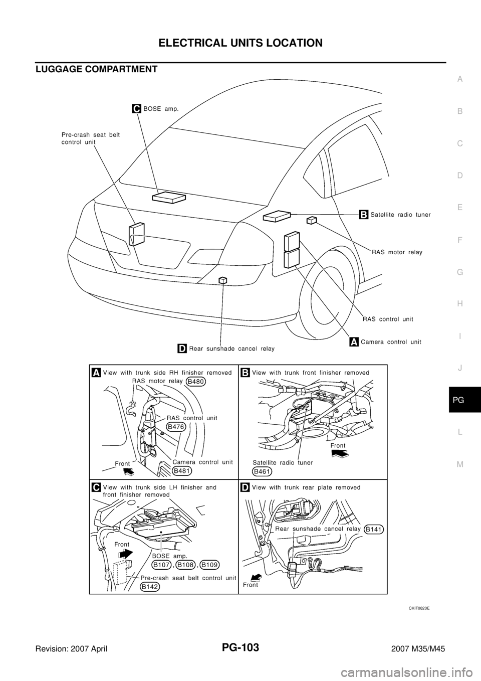 INFINITI M35 2007  Factory Service Manual ELECTRICAL UNITS LOCATION
PG-103
C
D
E
F
G
H
I
J
L
MA
B
PG
Revision: 2007 April2007 M35/M45
LUGGAGE COMPARTMENT
CKIT0820E 
