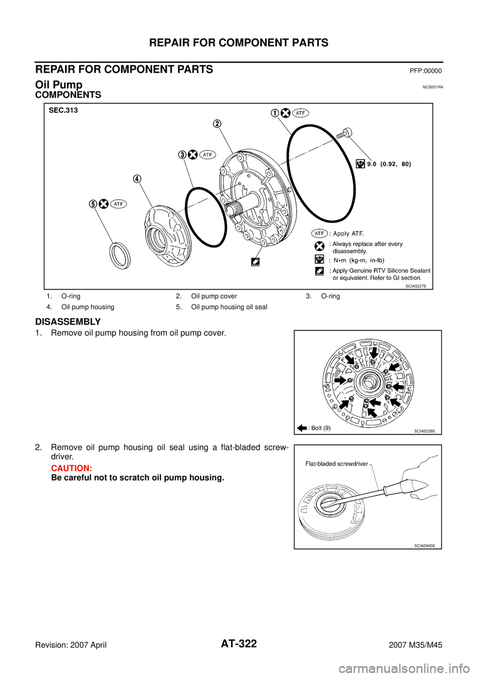 INFINITI M35 2007  Factory Workshop Manual AT-322
REPAIR FOR COMPONENT PARTS
Revision: 2007 April2007 M35/M45
REPAIR FOR COMPONENT PARTSPFP:00000
Oil PumpNCS001R4
COMPONENTS
DISASSEMBLY
1. Remove oil pump housing from oil pump cover.
2. Remove