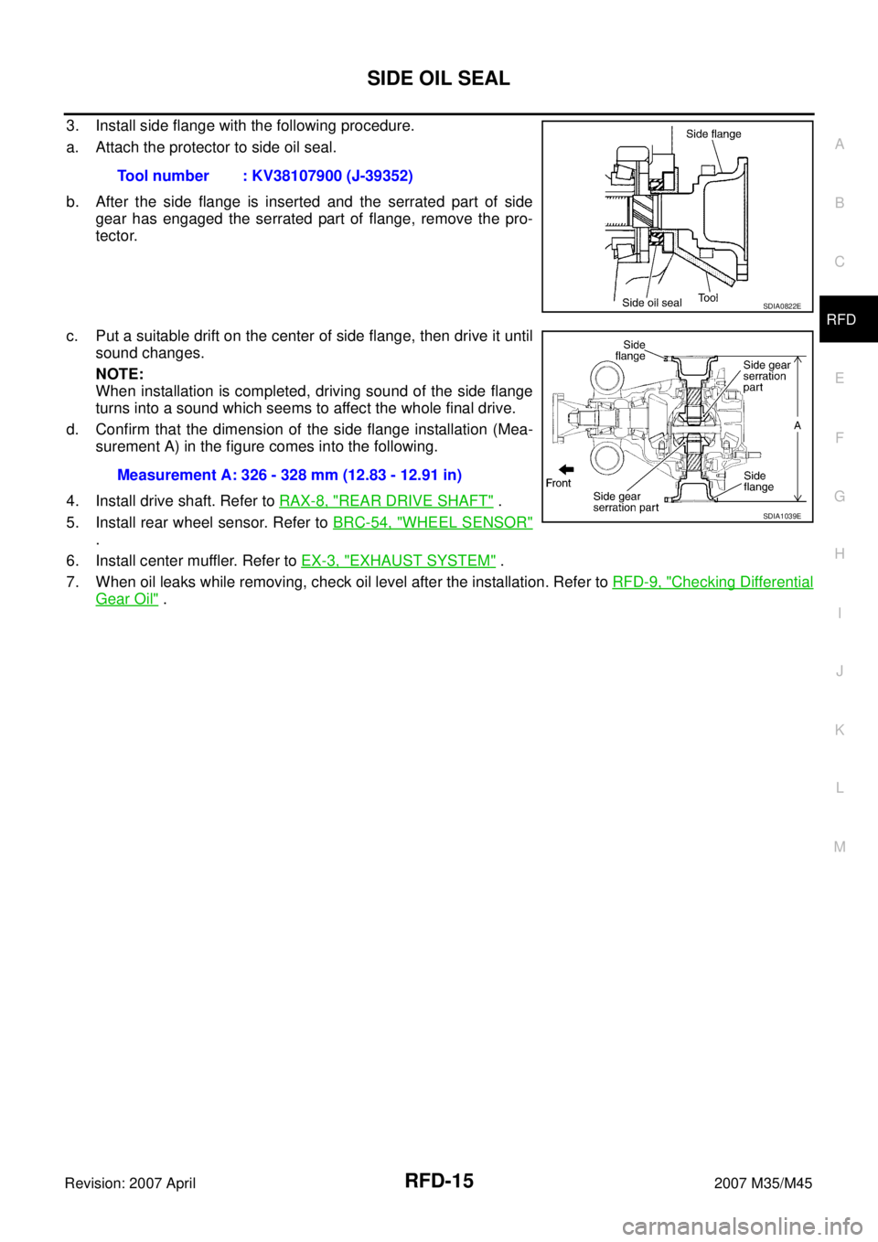INFINITI M35 2007 Factory Service Manual SIDE OIL SEAL
RFD-15
C
E
F
G
H
I
J
K
L
MA
B
RFD
Revision: 2007 April2007 M35/M45
3. Install side flange with the following procedure.
a. Attach the protector to side oil seal.
b. After the side flange INFINITI M35 2007 Factory Service Manual SIDE OIL SEAL
RFD-15
C
E
F
G
H
I
J
K
L
MA
B
RFD
Revision: 2007 April2007 M35/M45
3. Install side flange with the following procedure.
a. Attach the protector to side oil seal.
b. After the side flange