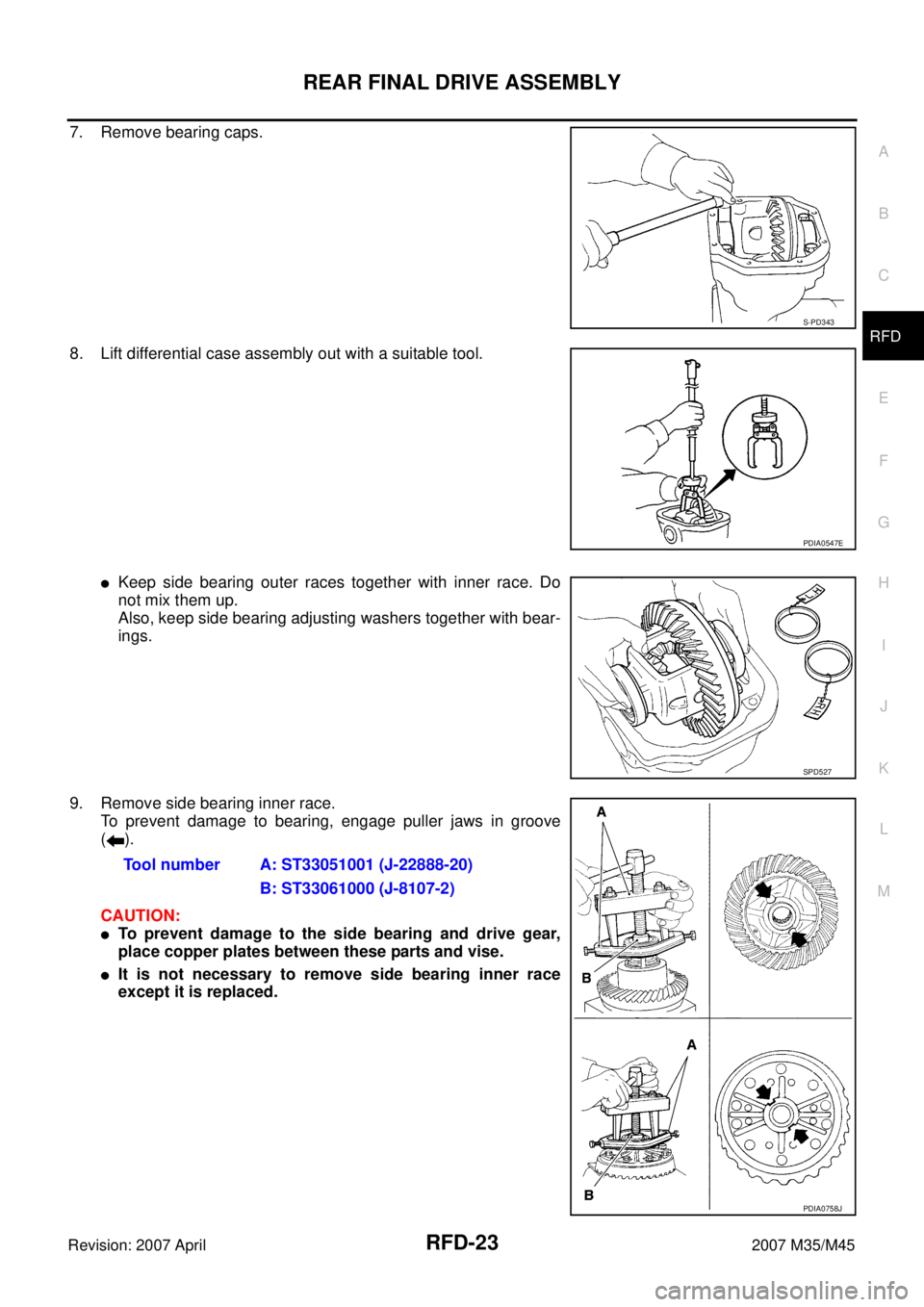 INFINITI M35 2007  Factory Service Manual REAR FINAL DRIVE ASSEMBLY
RFD-23
C
E
F
G
H
I
J
K
L
MA
B
RFD
Revision: 2007 April2007 M35/M45
7. Remove bearing caps.
8. Lift differential case assembly out with a suitable tool.
Keep side bearing out