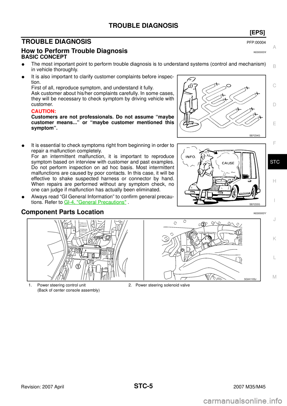 INFINITI M35 2007  Factory Service Manual TROUBLE DIAGNOSIS
STC-5
[EPS]
C
D
E
F
H
I
J
K
L
MA
B
STC
Revision: 2007 April2007 M35/M45
TROUBLE DIAGNOSISPFP:00004
How to Perform Trouble DiagnosisNGS000DX
BASIC CONCEPT
The most important point to