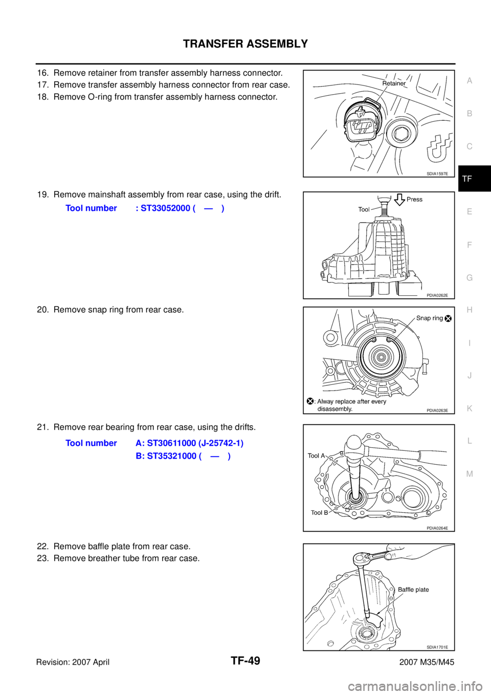 INFINITI M35 2007  Factory Service Manual TRANSFER ASSEMBLY
TF-49
C
E
F
G
H
I
J
K
L
MA
B
TF
Revision: 2007 April2007 M35/M45
16. Remove retainer from transfer assembly harness connector.
17. Remove transfer assembly harness connector from rea