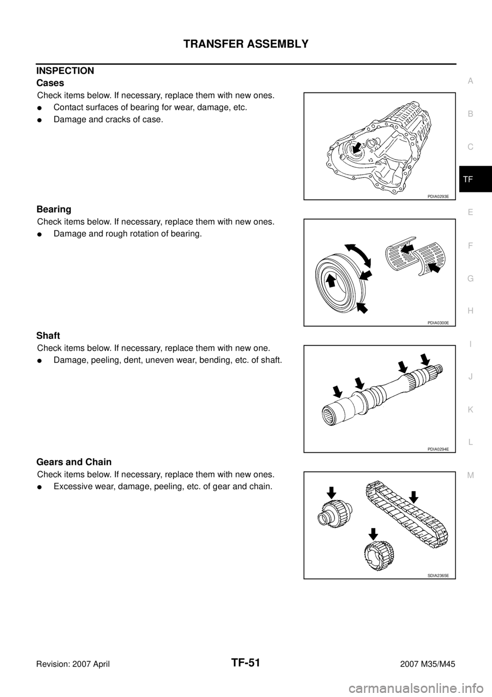 INFINITI M35 2007  Factory Service Manual TRANSFER ASSEMBLY
TF-51
C
E
F
G
H
I
J
K
L
MA
B
TF
Revision: 2007 April2007 M35/M45
INSPECTION 
Cases
Check items below. If necessary, replace them with new ones.
Contact surfaces of bearing for wear,