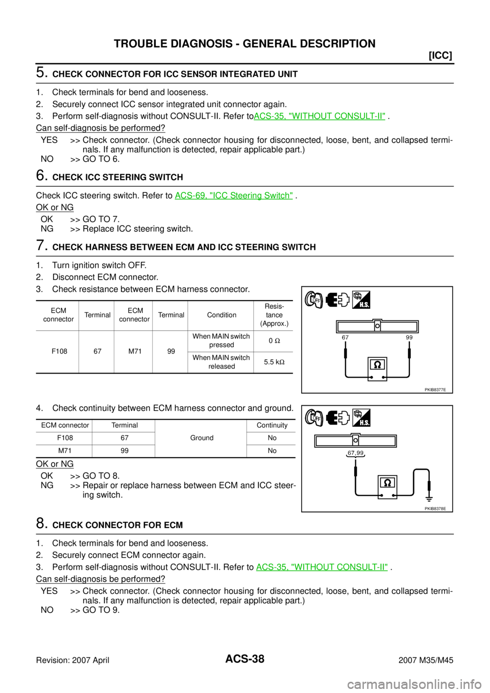 INFINITI M35 2007  Factory Workshop Manual ACS-38
[ICC]
TROUBLE DIAGNOSIS - GENERAL DESCRIPTION
Revision: 2007 April2007 M35/M45
5. CHECK CONNECTOR FOR ICC SENSOR INTEGRATED UNIT
1. Check terminals for bend and looseness. 
2. Securely connect 