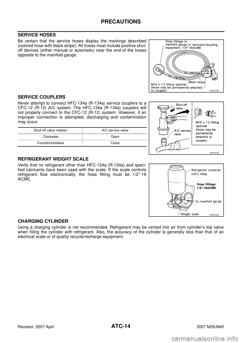INFINITI M35 2007  Factory Service Manual ATC-14
PRECAUTIONS
Revision: 2007 April2007 M35/M45
SERVICE HOSES
Be certain that the service hoses display the markings described
(colored hose with black stripe). All hoses must include positive shu