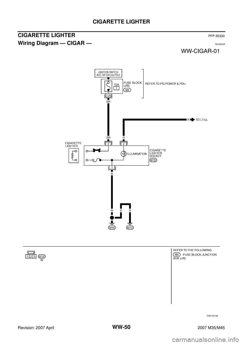 INFINITI M35 2007  Factory Service Manual WW-50
CIGARETTE LIGHTER
Revision: 2007 April2007 M35/M45
CIGARETTE LIGHTERPFP:35330
Wiring Diagram — CIGAR —NKS003X9
TKWT3219E 