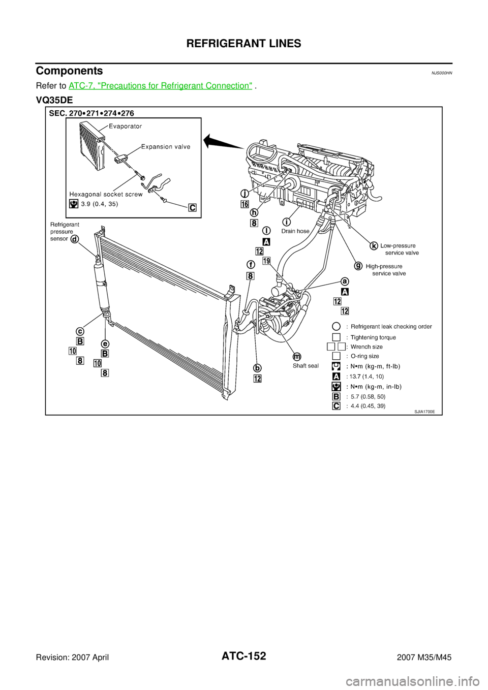 INFINITI M35 2007  Factory Service Manual ATC-152
REFRIGERANT LINES
Revision: 2007 April2007 M35/M45
ComponentsNJS000HN
Refer to AT C - 7 ,  "Precautions for Refrigerant Connection" .
VQ35DE
SJIA1700E 