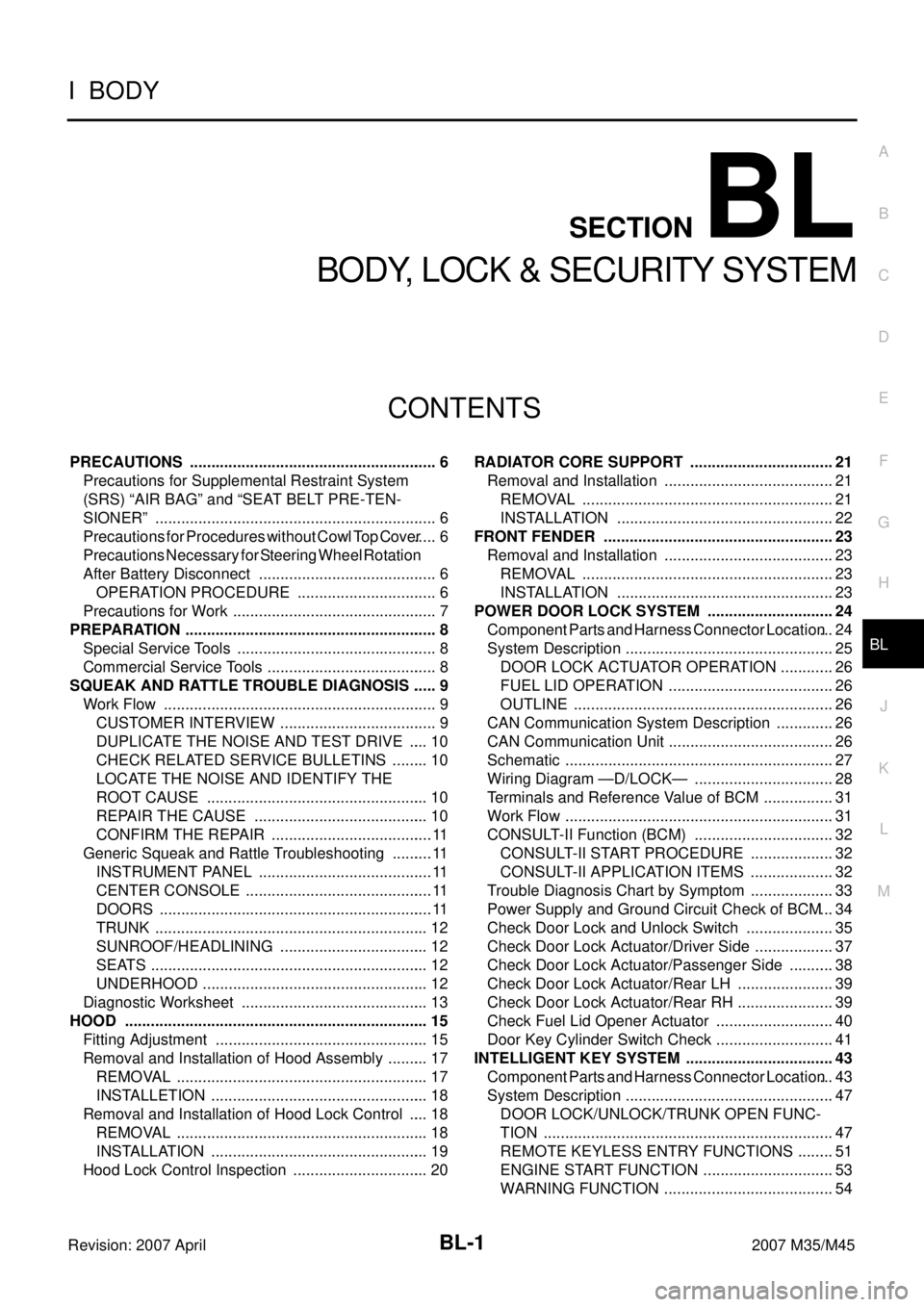 INFINITI M35 2007  Factory Service Manual BL-1
BODY, LOCK & SECURITY SYSTEM
I  BODY
CONTENTS
C
D
E
F
G
H
J
K
L
M
SECTION BL
A
B
BL
Revision: 2007 April2007 M35/M45
BODY, LOCK & SECURITY SYSTEM
PRECAUTIONS .....................................