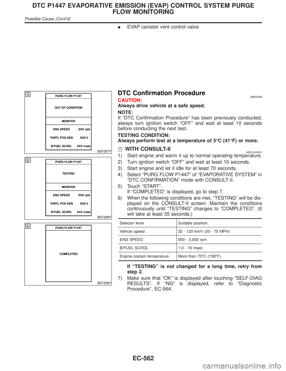 INFINITI QX4 2001 Factory Repair Manual IEVAP canister vent control valve
SEF207Y
SEF208Y
SEF238Y
DTC Confirmation ProcedureNBEC0335CAUTION:
Always drive vehicle at a safe speed.
NOTE:
If ªDTC Confirmation Procedureº has been previously c INFINITI QX4 2001 Factory Repair Manual IEVAP canister vent control valve
SEF207Y
SEF208Y
SEF238Y
DTC Confirmation ProcedureNBEC0335CAUTION:
Always drive vehicle at a safe speed.
NOTE:
If ªDTC Confirmation Procedureº has been previously c