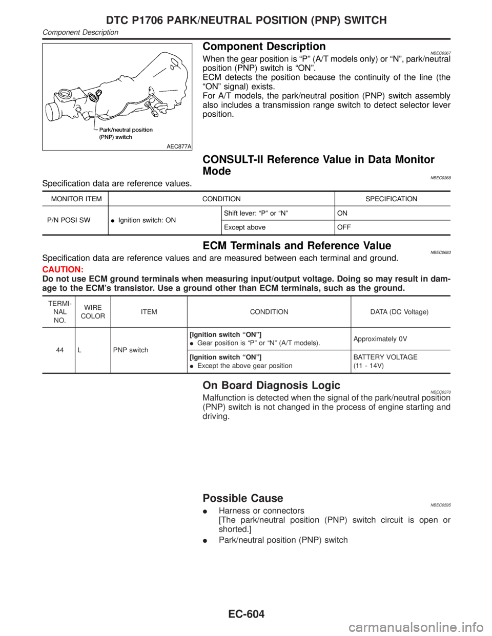 INFINITI QX4 2001 Factory Service Manual AEC877A
Component DescriptionNBEC0367When the gear position is ªPº (A/T models only) or ªNº, park/neutral
position (PNP) switch is ªONº.
ECM detects the position because the continuity of the li INFINITI QX4 2001 Factory Service Manual AEC877A
Component DescriptionNBEC0367When the gear position is ªPº (A/T models only) or ªNº, park/neutral
position (PNP) switch is ªONº.
ECM detects the position because the continuity of the li