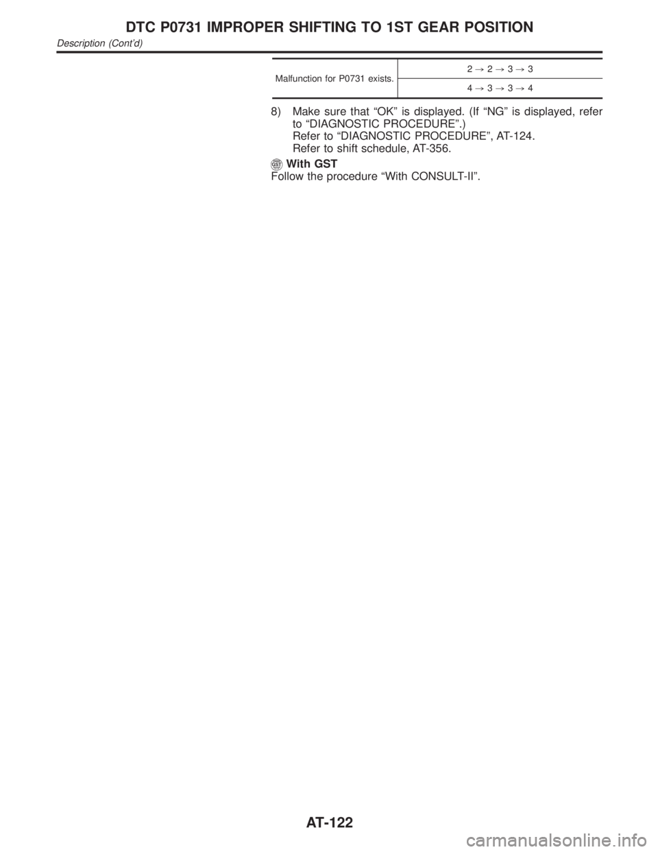 INFINITI QX4 2001 Factory User Guide Malfunction for P0731 exists.2,2,3,3
4,3,3,4
8) Make sure that ªOKº is displayed. (If ªNGº is displayed, refer
to ªDIAGNOSTIC PROCEDUREº.)
Refer to ªDIAGNOSTIC PROCEDUREº, AT-124.
Refer to shi INFINITI QX4 2001 Factory User Guide Malfunction for P0731 exists.2,2,3,3
4,3,3,4
8) Make sure that ªOKº is displayed. (If ªNGº is displayed, refer
to ªDIAGNOSTIC PROCEDUREº.)
Refer to ªDIAGNOSTIC PROCEDUREº, AT-124.
Refer to shi