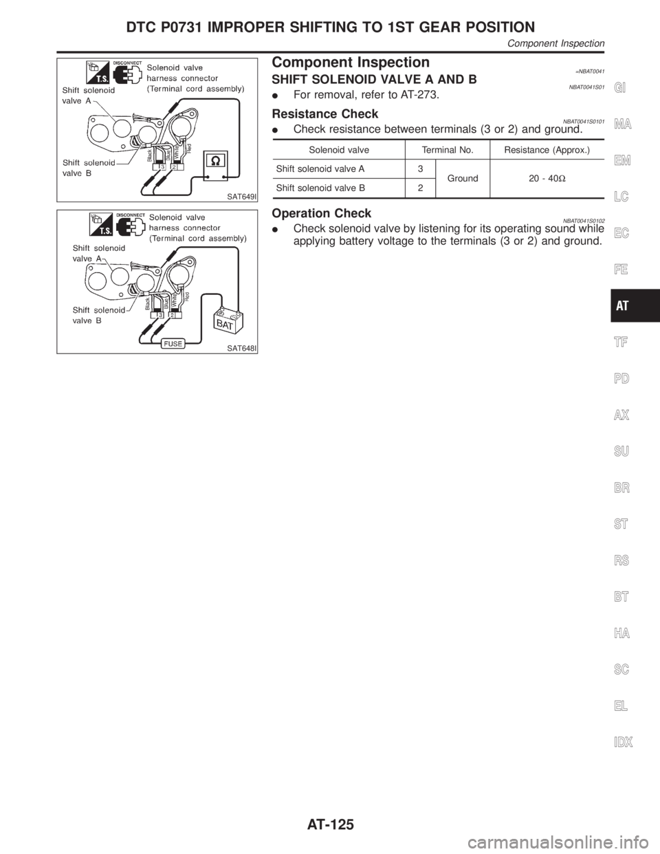 INFINITI QX4 2001 Factory Service Manual SAT649I
Component Inspection=NBAT0041SHIFT SOLENOID VALVE A AND BNBAT0041S01IFor removal, refer to AT-273.
Resistance CheckNBAT0041S0101ICheck resistance between terminals (3 or 2) and ground.
Solenoi INFINITI QX4 2001 Factory Service Manual SAT649I
Component Inspection=NBAT0041SHIFT SOLENOID VALVE A AND BNBAT0041S01IFor removal, refer to AT-273.
Resistance CheckNBAT0041S0101ICheck resistance between terminals (3 or 2) and ground.
Solenoi
