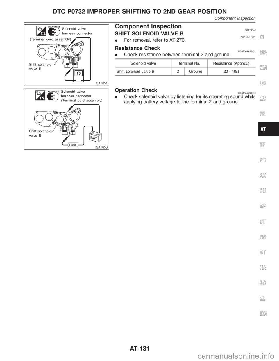 INFINITI QX4 2001 Factory Service Manual SAT651I
Component InspectionNBAT0044SHIFT SOLENOID VALVE BNBAT0044S01IFor removal, refer to AT-273.
Resistance CheckNBAT0044S0101ICheck resistance between terminal 2 and ground.
Solenoid valve Termina INFINITI QX4 2001 Factory Service Manual SAT651I
Component InspectionNBAT0044SHIFT SOLENOID VALVE BNBAT0044S01IFor removal, refer to AT-273.
Resistance CheckNBAT0044S0101ICheck resistance between terminal 2 and ground.
Solenoid valve Termina