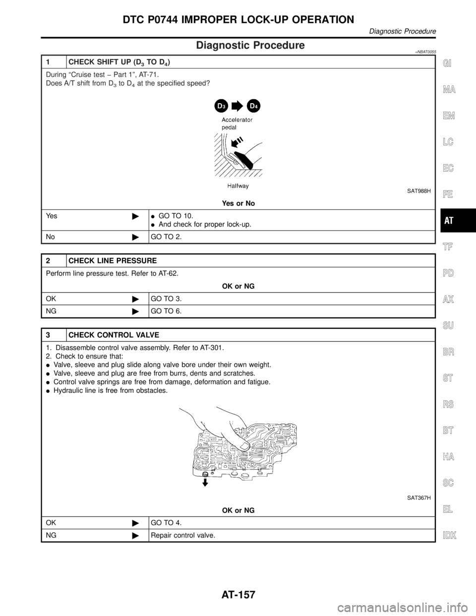 INFINITI QX4 2001 Factory Manual PDF Diagnostic Procedure=NBAT0055
1 CHECK SHIFT UP (D3TO D4)
During ªCruise test þ Part 1º, AT-71.
Does A/T shift from D
3to D4at the specified speed?
SAT988H
YesorNo
Ye s©IGO TO 10.
IAnd check for pr INFINITI QX4 2001 Factory Manual PDF Diagnostic Procedure=NBAT0055
1 CHECK SHIFT UP (D3TO D4)
During ªCruise test þ Part 1º, AT-71.
Does A/T shift from D
3to D4at the specified speed?
SAT988H
YesorNo
Ye s©IGO TO 10.
IAnd check for pr