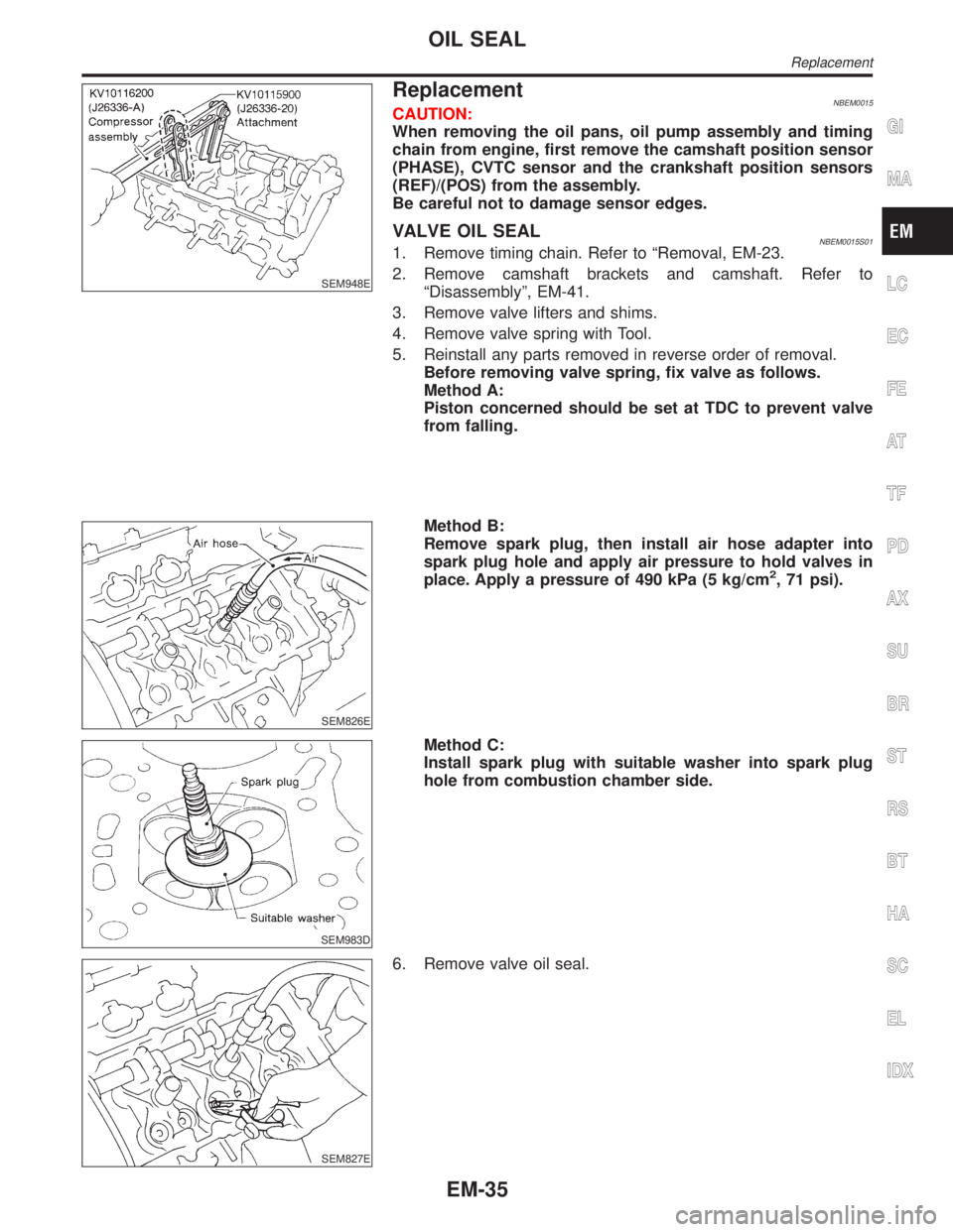 INFINITI QX4 2001 Factory Service Manual SEM948E
ReplacementNBEM0015CAUTION:
When removing the oil pans, oil pump assembly and timing
chain from engine, first remove the camshaft position sensor
(PHASE), CVTC sensor and the crankshaft positi INFINITI QX4 2001 Factory Service Manual SEM948E
ReplacementNBEM0015CAUTION:
When removing the oil pans, oil pump assembly and timing
chain from engine, first remove the camshaft position sensor
(PHASE), CVTC sensor and the crankshaft positi