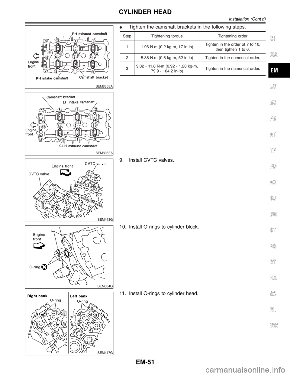 INFINITI QX4 2001 Factory Service Manual SEM885EA
SEM886EA
ITighten the camshaft brackets in the following steps.
Step Tightening torque Tightening order
1 1.96 N´m (0.2 kg-m, 17 in-lb)Tighten in the order of 7 to 10,
then tighten 1 to 6.
2 INFINITI QX4 2001 Factory Service Manual SEM885EA
SEM886EA
ITighten the camshaft brackets in the following steps.
Step Tightening torque Tightening order
1 1.96 N´m (0.2 kg-m, 17 in-lb)Tighten in the order of 7 to 10,
then tighten 1 to 6.
2