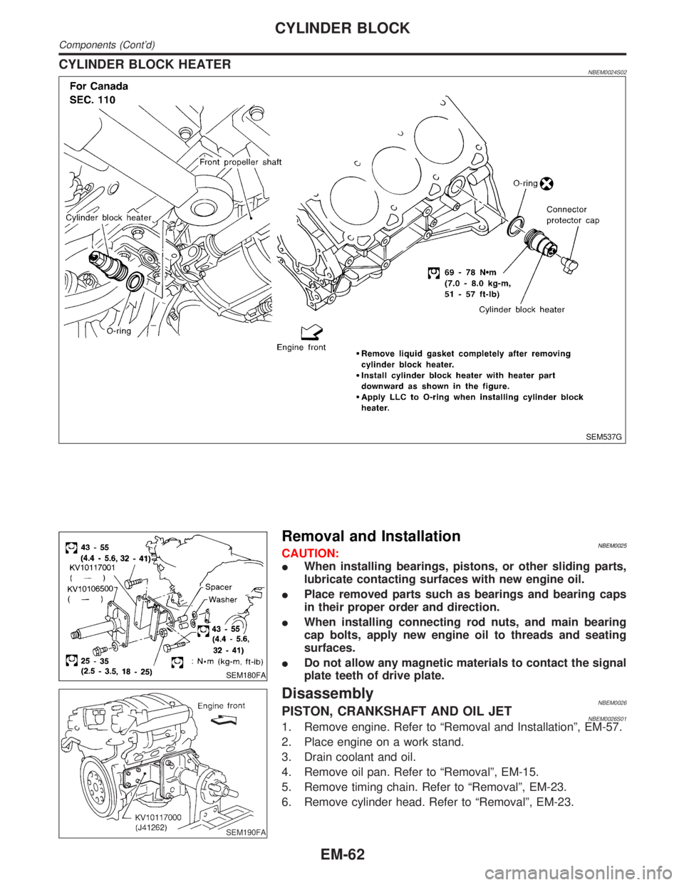 INFINITI QX4 2001 Factory Service Manual CYLINDER BLOCK HEATERNBEM0024S02
SEM537G
SEM180FA
Removal and InstallationNBEM0025CAUTION:
IWhen installing bearings, pistons, or other sliding parts,
lubricate contacting surfaces with new engine oil INFINITI QX4 2001 Factory Service Manual CYLINDER BLOCK HEATERNBEM0024S02
SEM537G
SEM180FA
Removal and InstallationNBEM0025CAUTION:
IWhen installing bearings, pistons, or other sliding parts,
lubricate contacting surfaces with new engine oil
