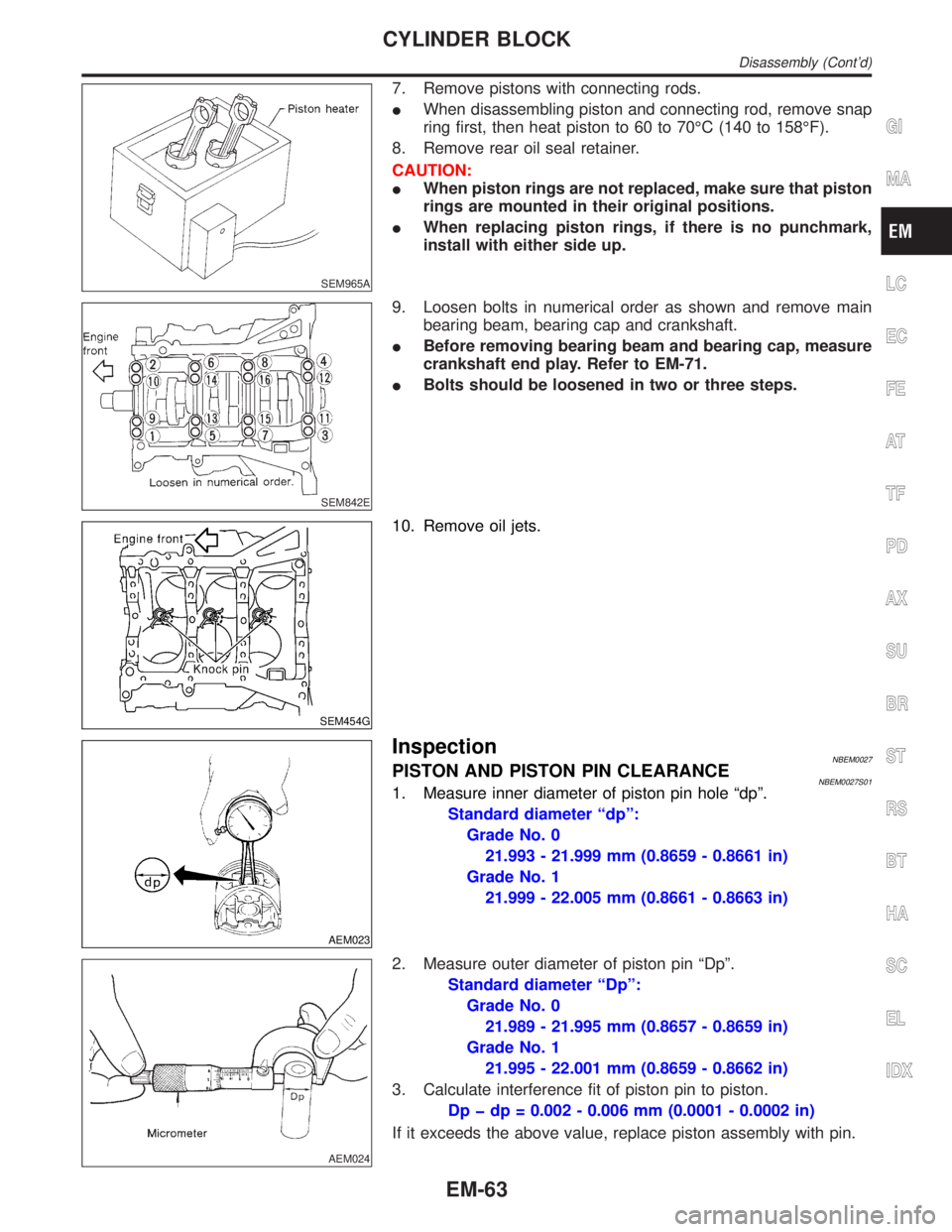 INFINITI QX4 2001 Factory Service Manual SEM965A
7. Remove pistons with connecting rods.
IWhen disassembling piston and connecting rod, remove snap
ring first, then heat piston to 60 to 70ÉC (140 to 158ÉF).
8. Remove rear oil seal retainer INFINITI QX4 2001 Factory Service Manual SEM965A
7. Remove pistons with connecting rods.
IWhen disassembling piston and connecting rod, remove snap
ring first, then heat piston to 60 to 70ÉC (140 to 158ÉF).
8. Remove rear oil seal retainer