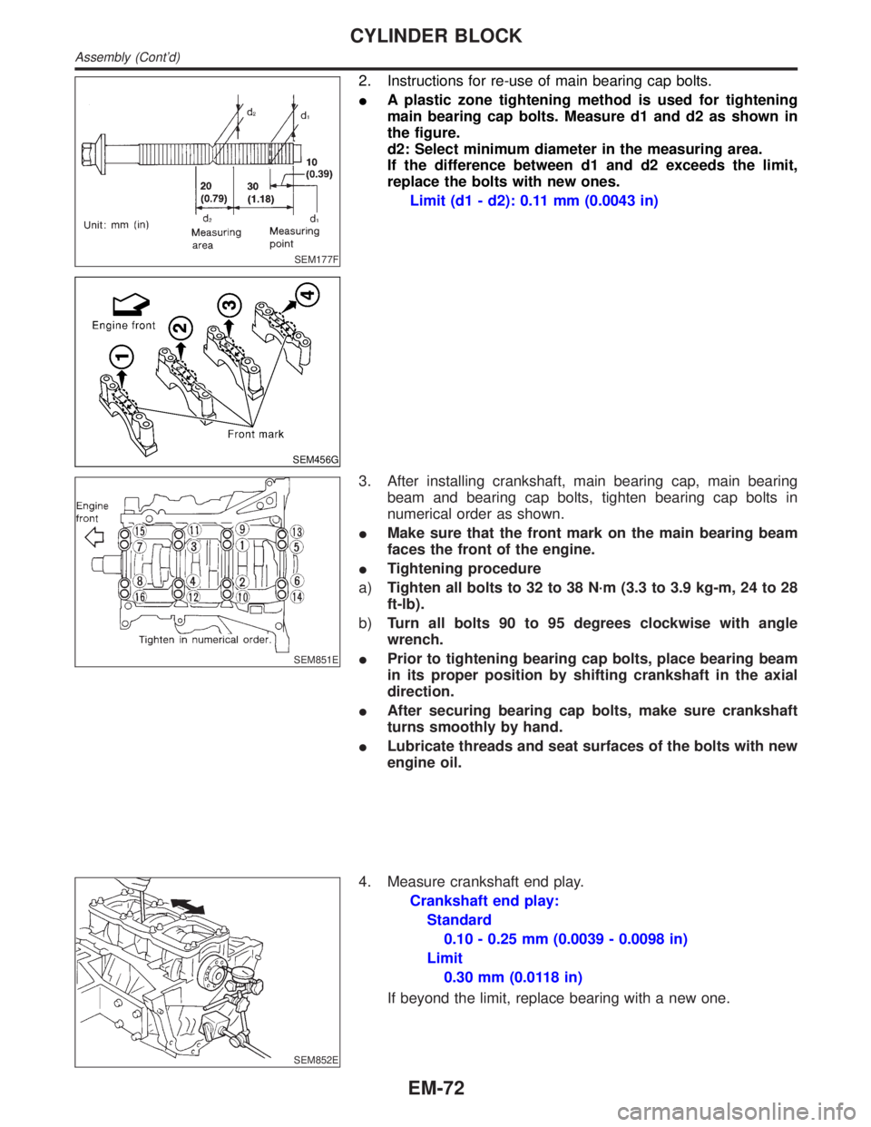 INFINITI QX4 2001 Factory Service Manual SEM177F
SEM456G
2. Instructions for re-use of main bearing cap bolts.
IA plastic zone tightening method is used for tightening
main bearing cap bolts. Measure d1 and d2 as shown in
the figure.
d2: Sel INFINITI QX4 2001 Factory Service Manual SEM177F
SEM456G
2. Instructions for re-use of main bearing cap bolts.
IA plastic zone tightening method is used for tightening
main bearing cap bolts. Measure d1 and d2 as shown in
the figure.
d2: Sel
