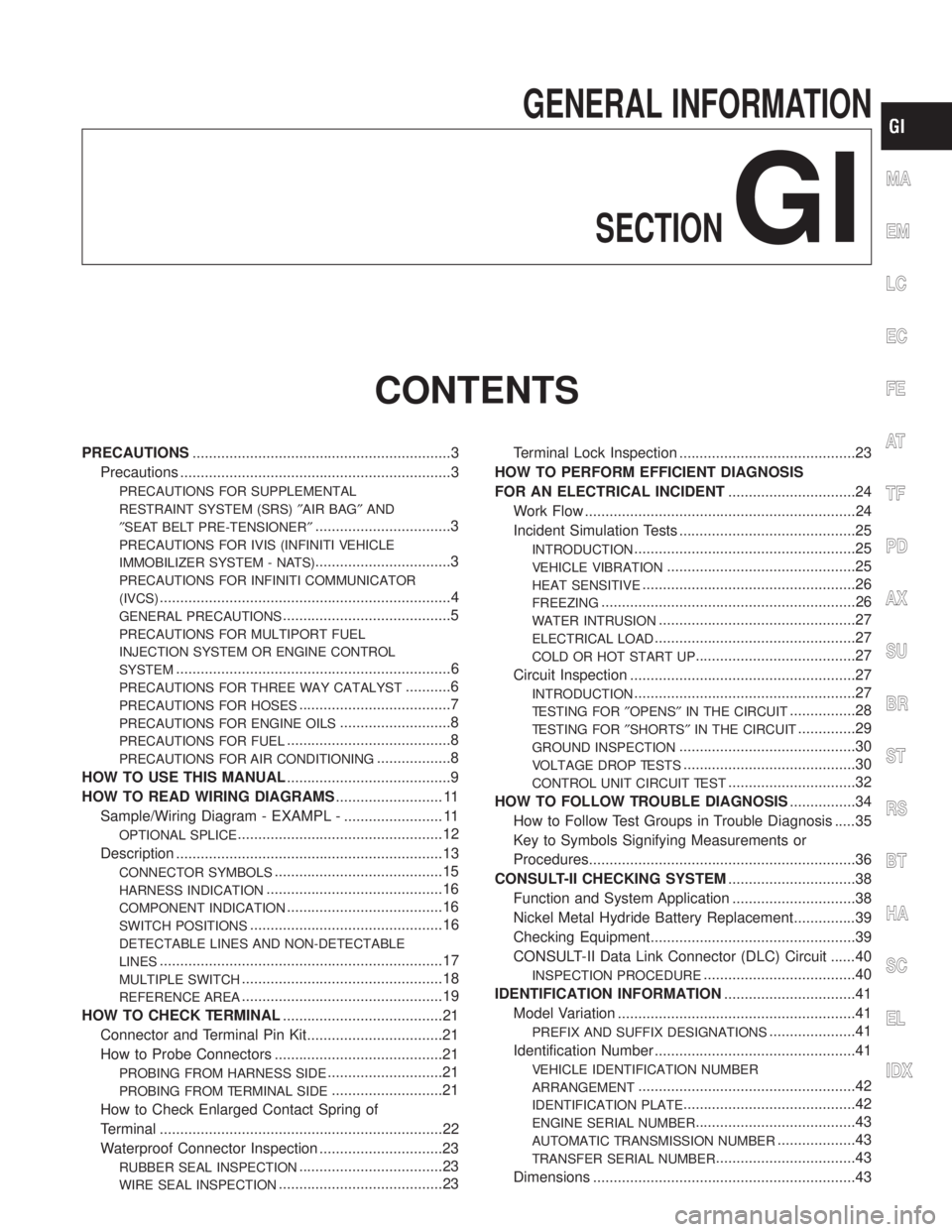 INFINITI QX4 2001 Factory Service Manual GENERAL INFORMATION
SECTION
GI
CONTENTS
PRECAUTIONS...............................................................3
Precautions ..................................................................3
PREC INFINITI QX4 2001 Factory Service Manual GENERAL INFORMATION
SECTION
GI
CONTENTS
PRECAUTIONS...............................................................3
Precautions ..................................................................3
PREC