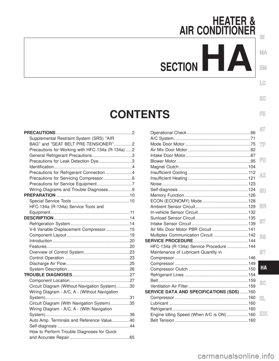 INFINITI QX4 2001 Factory Workshop Manual HEATER &
AIR CONDITIONER
SECTION
HA
CONTENTS
PRECAUTIONS...............................................................2
Supplemental Restraint System (SRS)²AIR
BAG²and²SEAT BELT PRE-TENSIONER²... INFINITI QX4 2001 Factory Workshop Manual HEATER &
AIR CONDITIONER
SECTION
HA
CONTENTS
PRECAUTIONS...............................................................2
Supplemental Restraint System (SRS)²AIR
BAG²and²SEAT BELT PRE-TENSIONER²...
