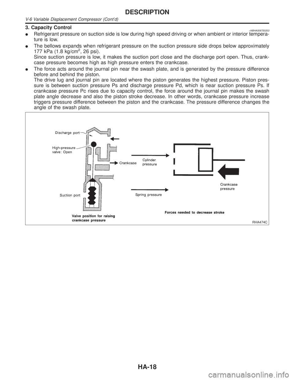 INFINITI QX4 2001 Factory Service Manual 3. Capacity Control=NBHA0087S0203IRefrigerant pressure on suction side is low during high speed driving or when ambient or interior tempera-
ture is low.
IThe bellows expands when refrigerant pressure INFINITI QX4 2001 Factory Service Manual 3. Capacity Control=NBHA0087S0203IRefrigerant pressure on suction side is low during high speed driving or when ambient or interior tempera-
ture is low.
IThe bellows expands when refrigerant pressure