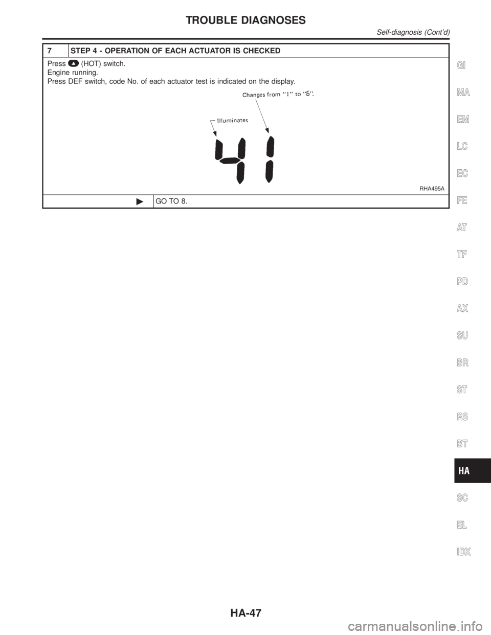 INFINITI QX4 2001 Factory Service Manual 7 STEP 4 - OPERATION OF EACH ACTUATOR IS CHECKED
Press(HOT) switch.
Engine running.
Press DEF switch, code No. of each actuator test is indicated on the display.
RHA495A
©GO TO 8.
GI
MA
EM
LC
EC
FE
A INFINITI QX4 2001 Factory Service Manual 7 STEP 4 - OPERATION OF EACH ACTUATOR IS CHECKED
Press(HOT) switch.
Engine running.
Press DEF switch, code No. of each actuator test is indicated on the display.
RHA495A
©GO TO 8.
GI
MA
EM
LC
EC
FE
A