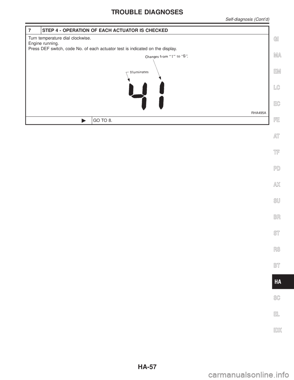 INFINITI QX4 2001 Factory Service Manual 7 STEP 4 - OPERATION OF EACH ACTUATOR IS CHECKED
Turn temperature dial clockwise.
Engine running.
Press DEF switch, code No. of each actuator test is indicated on the display.
RHA495A
©GO TO 8.
GI
MA INFINITI QX4 2001 Factory Service Manual 7 STEP 4 - OPERATION OF EACH ACTUATOR IS CHECKED
Turn temperature dial clockwise.
Engine running.
Press DEF switch, code No. of each actuator test is indicated on the display.
RHA495A
©GO TO 8.
GI
MA