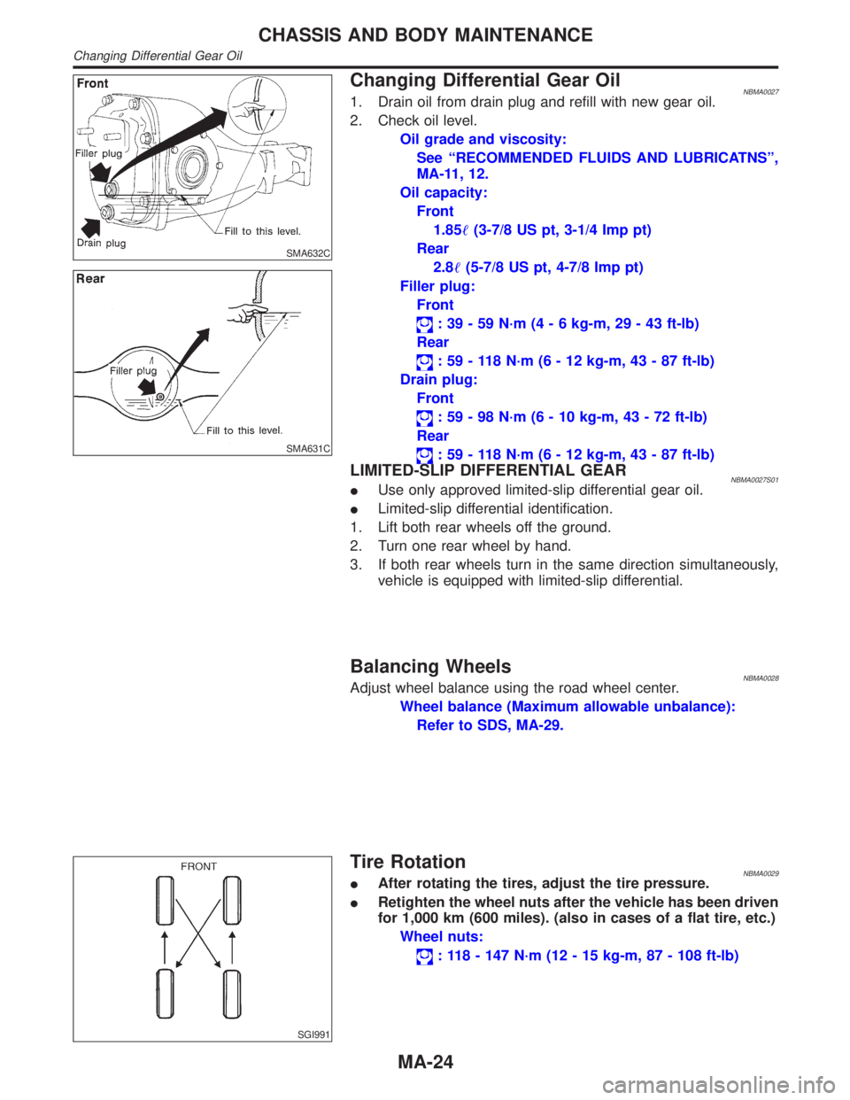 INFINITI QX4 2001 Factory Workshop Manual SMA632C
SMA631C
Changing Differential Gear OilNBMA00271. Drain oil from drain plug and refill with new gear oil.
2. Check oil level.
Oil grade and viscosity:
See ªRECOMMENDED FLUIDS AND LUBRICATNSº, INFINITI QX4 2001 Factory Workshop Manual SMA632C
SMA631C
Changing Differential Gear OilNBMA00271. Drain oil from drain plug and refill with new gear oil.
2. Check oil level.
Oil grade and viscosity:
See ªRECOMMENDED FLUIDS AND LUBRICATNSº,