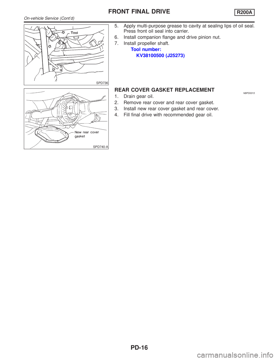 INFINITI QX4 2001 Factory Service Manual SPD736
5. Apply multi-purpose grease to cavity at sealing lips of oil seal.
Press front oil seal into carrier.
6. Install companion flange and drive pinion nut.
7. Install propeller shaft.
Tool number INFINITI QX4 2001 Factory Service Manual SPD736
5. Apply multi-purpose grease to cavity at sealing lips of oil seal.
Press front oil seal into carrier.
6. Install companion flange and drive pinion nut.
7. Install propeller shaft.
Tool number
