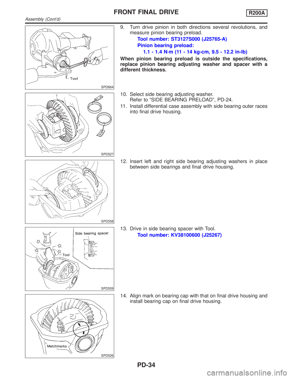 INFINITI QX4 2001 Factory Service Manual SPD664
9. Turn drive pinion in both directions several revolutions, and
measure pinion bearing preload.
Tool number: ST3127S000 (J25765-A)
Pinion bearing preload:
1.1 - 1.4 N´m (11 - 14 kg-cm, 9.5 - INFINITI QX4 2001 Factory Service Manual SPD664
9. Turn drive pinion in both directions several revolutions, and
measure pinion bearing preload.
Tool number: ST3127S000 (J25765-A)
Pinion bearing preload:
1.1 - 1.4 N´m (11 - 14 kg-cm, 9.5 -