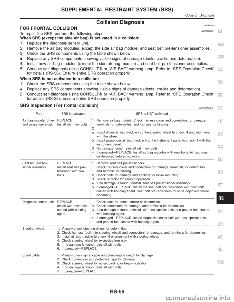INFINITI QX4 2001 Factory Service Manual Collision Diagnosis=NBRS0049FOR FRONTAL COLLISIONNBRS0049S01To repair the SRS, perform the following steps.
When SRS (except the side air bag) is activated in a collision:
1) Replace the diagnosis sen INFINITI QX4 2001 Factory Service Manual Collision Diagnosis=NBRS0049FOR FRONTAL COLLISIONNBRS0049S01To repair the SRS, perform the following steps.
When SRS (except the side air bag) is activated in a collision:
1) Replace the diagnosis sen