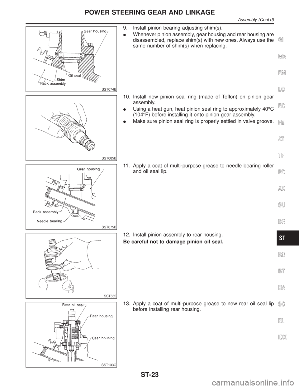 INFINITI QX4 2001 Factory Service Manual SST074B
9. Install pinion bearing adjusting shim(s).
IWhenever pinion assembly, gear housing and rear housing are
disassembled, replace shim(s) with new ones. Always use the
same number of shim(s) whe INFINITI QX4 2001 Factory Service Manual SST074B
9. Install pinion bearing adjusting shim(s).
IWhenever pinion assembly, gear housing and rear housing are
disassembled, replace shim(s) with new ones. Always use the
same number of shim(s) whe