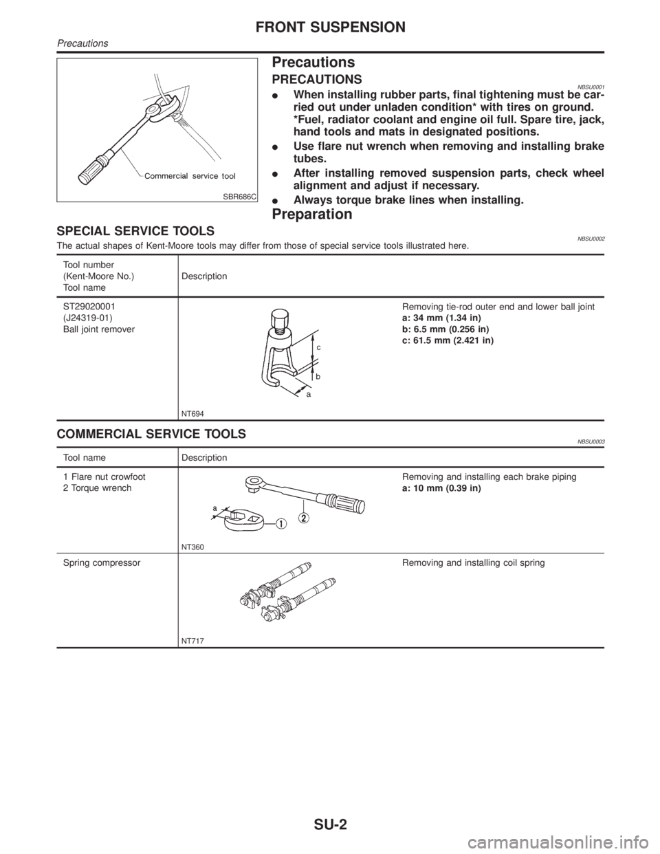 INFINITI QX4 2001 Factory Service Manual SBR686C
Precautions
PRECAUTIONSNBSU0001IWhen installing rubber parts, final tightening must be car-
ried out under unladen condition* with tires on ground.
*Fuel, radiator coolant and engine oil full. INFINITI QX4 2001 Factory Service Manual SBR686C
Precautions
PRECAUTIONSNBSU0001IWhen installing rubber parts, final tightening must be car-
ried out under unladen condition* with tires on ground.
*Fuel, radiator coolant and engine oil full.