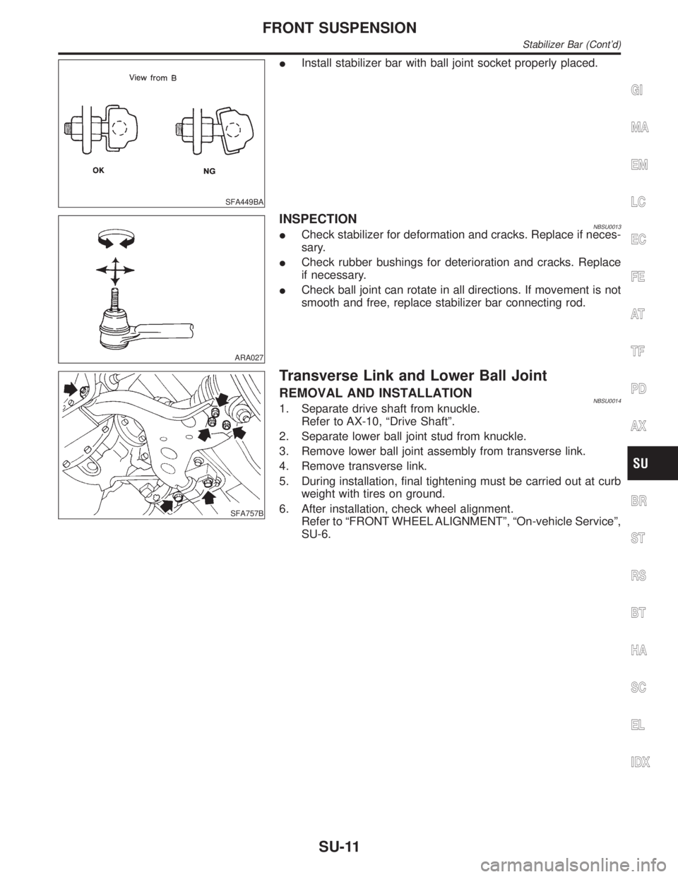 INFINITI QX4 2001 Factory Service Manual SFA449BA
IInstall stabilizer bar with ball joint socket properly placed.
ARA027
INSPECTIONNBSU0013ICheck stabilizer for deformation and cracks. Replace if neces-
sary.
ICheck rubber bushings for deter INFINITI QX4 2001 Factory Service Manual SFA449BA
IInstall stabilizer bar with ball joint socket properly placed.
ARA027
INSPECTIONNBSU0013ICheck stabilizer for deformation and cracks. Replace if neces-
sary.
ICheck rubber bushings for deter
