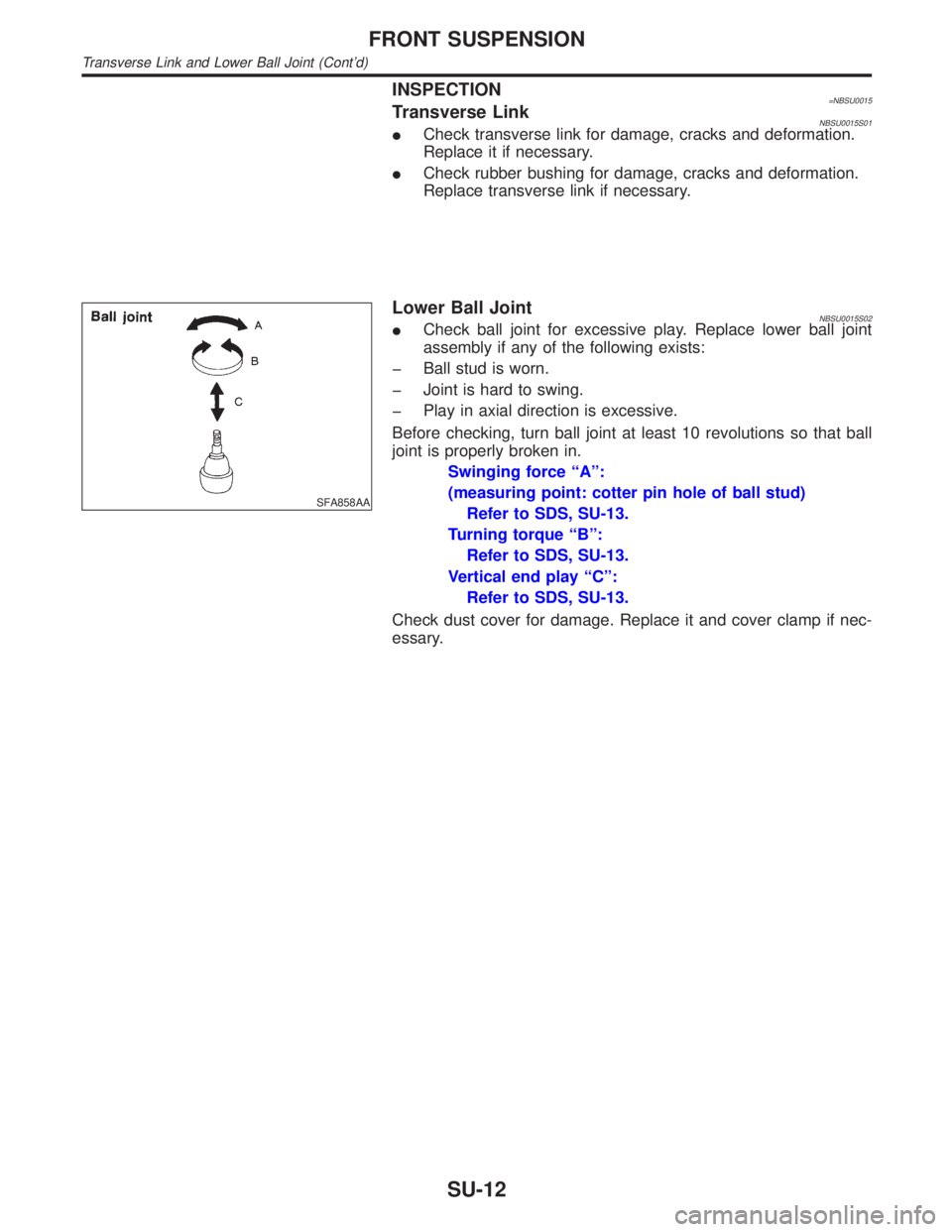 INFINITI QX4 2001  Factory Service Manual INSPECTION=NBSU0015Transverse LinkNBSU0015S01ICheck transverse link for damage, cracks and deformation.
Replace it if necessary.
ICheck rubber bushing for damage, cracks and deformation.
Replace trans