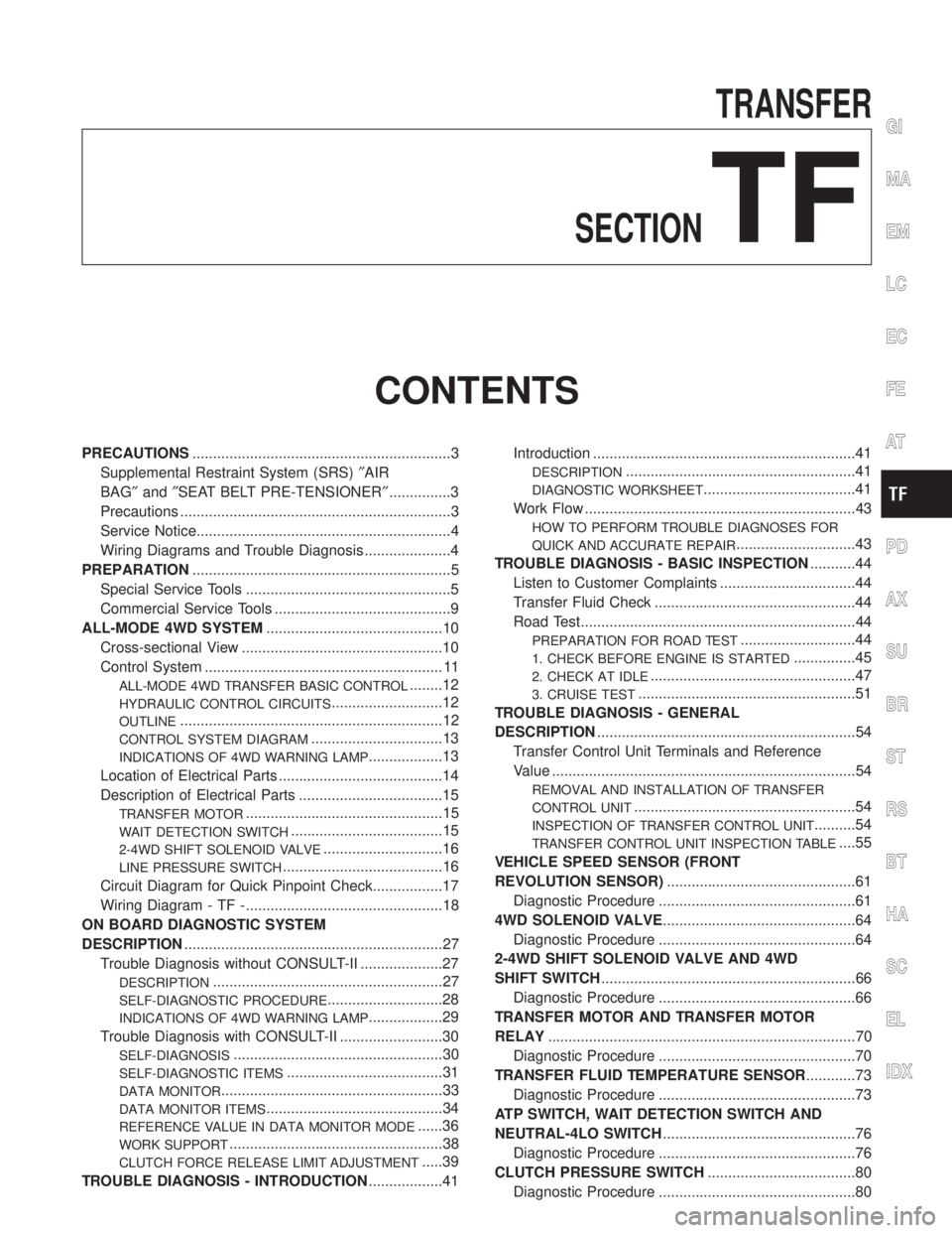 INFINITI QX4 2001 Factory Service Manual TRANSFER
SECTION
TF
CONTENTS
PRECAUTIONS...............................................................3
Supplemental Restraint System (SRS)²AIR
BAG²and²SEAT BELT PRE-TENSIONER²...............3
Pr INFINITI QX4 2001 Factory Service Manual TRANSFER
SECTION
TF
CONTENTS
PRECAUTIONS...............................................................3
Supplemental Restraint System (SRS)²AIR
BAG²and²SEAT BELT PRE-TENSIONER²...............3
Pr