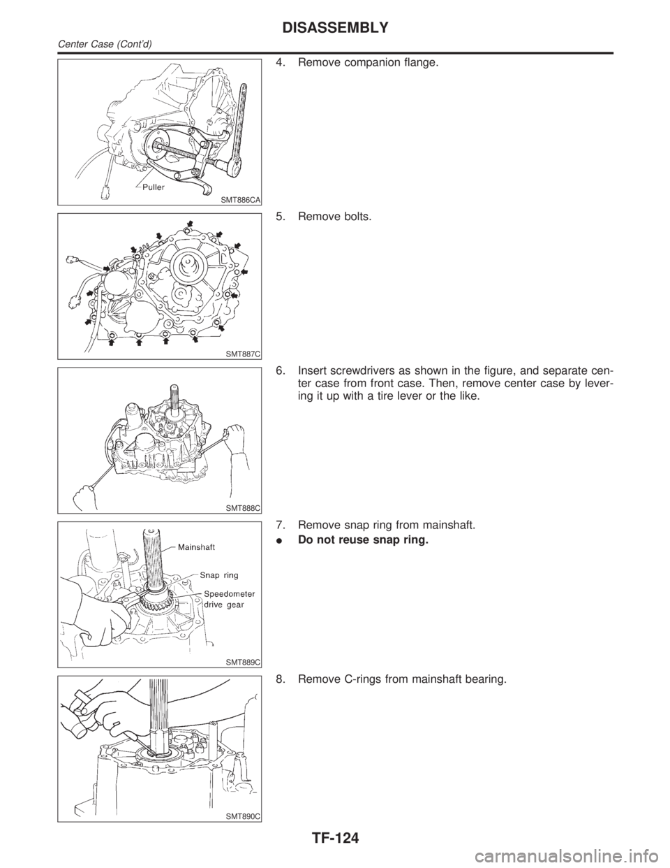 INFINITI QX4 2001  Factory Service Manual SMT886CA
4. Remove companion flange.
SMT887C
5. Remove bolts.
SMT888C
6. Insert screwdrivers as shown in the figure, and separate cen-
ter case from front case. Then, remove center case by lever-
ing 