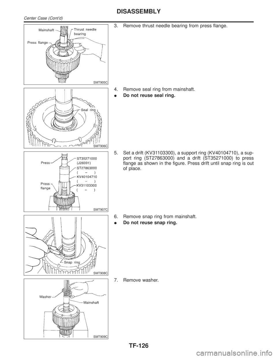INFINITI QX4 2001  Factory Service Manual SMT905C
3. Remove thrust needle bearing from press flange.
SMT906C
4. Remove seal ring from mainshaft.
IDo not reuse seal ring.
SMT907C
5. Set a drift (KV31103300), a support ring (KV40104710), a sup-