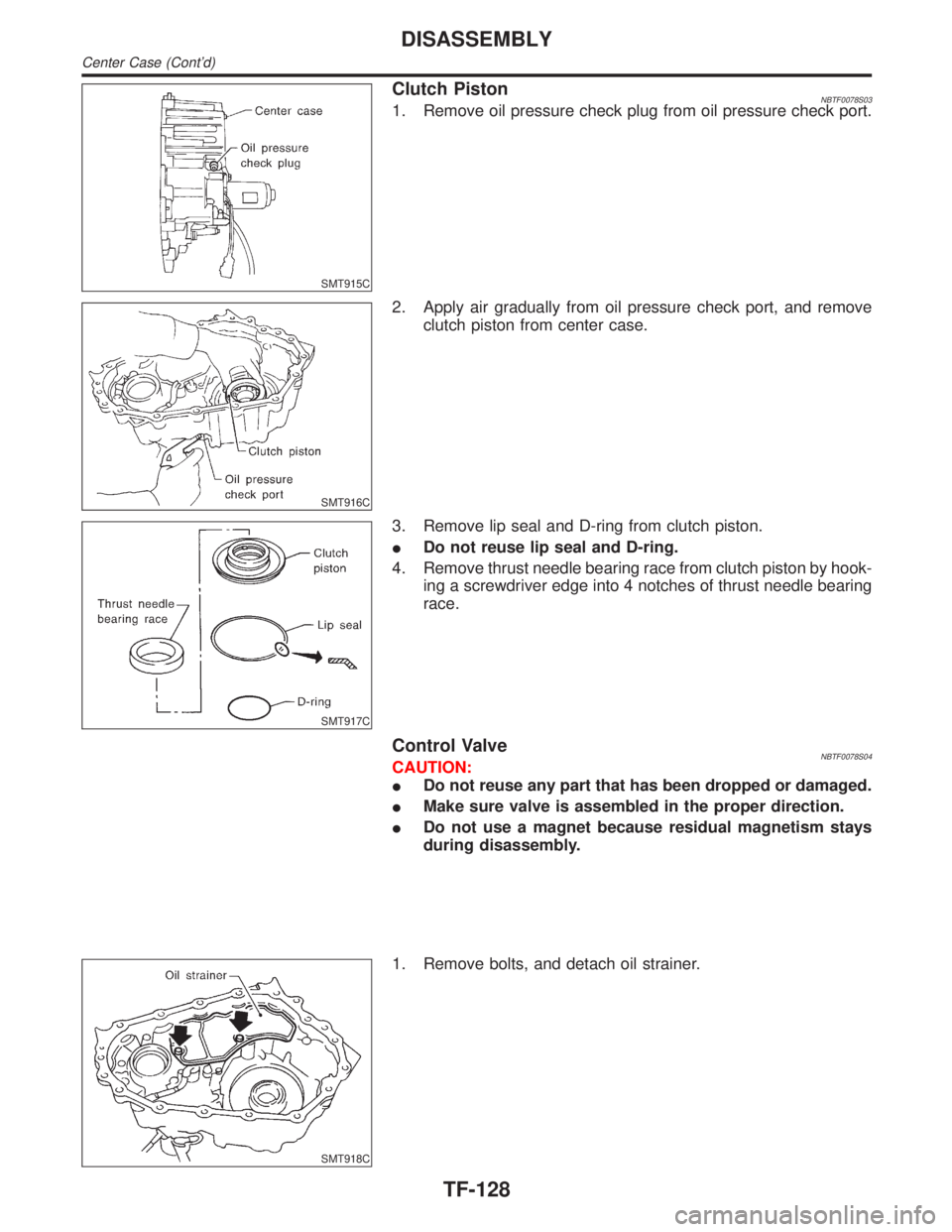 INFINITI QX4 2001  Factory Service Manual SMT915C
Clutch PistonNBTF0078S031. Remove oil pressure check plug from oil pressure check port.
SMT916C
2. Apply air gradually from oil pressure check port, and remove
clutch piston from center case.
