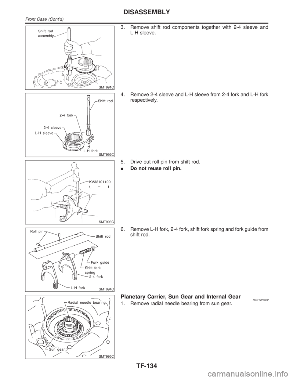 INFINITI QX4 2001  Factory Service Manual SMT991C
3. Remove shift rod components together with 2-4 sleeve and
L-H sleeve.
SMT992C
4. Remove 2-4 sleeve and L-H sleeve from 2-4 fork and L-H fork
respectively.
SMT993C
5. Drive out roll pin from 