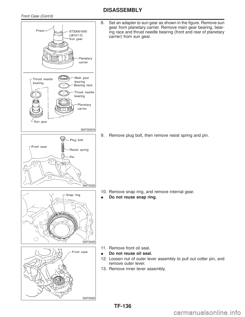 INFINITI QX4 2001 Factory Service Manual SMT002DA
8. Set an adapter to sun gear as shown in the figure. Remove sun
gear from planetary carrier. Remove main gear bearing, bear-
ing race and thrust needle bearing (front and rear of planetary
c INFINITI QX4 2001 Factory Service Manual SMT002DA
8. Set an adapter to sun gear as shown in the figure. Remove sun
gear from planetary carrier. Remove main gear bearing, bear-
ing race and thrust needle bearing (front and rear of planetary
c