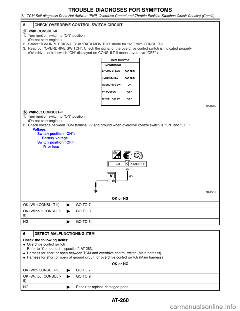 INFINITI QX4 2001 Factory Repair Manual 5 CHECK OVERDRIVE CONTROL SWITCH CIRCUIT
With CONSULT-II
1. Turn ignition switch to ªONº position.
(Do not start engine.)
2. Select ªTCM INPUT SIGNALSº in ªDATA MONITORº mode for ªA/Tº with CO INFINITI QX4 2001 Factory Repair Manual 5 CHECK OVERDRIVE CONTROL SWITCH CIRCUIT
With CONSULT-II
1. Turn ignition switch to ªONº position.
(Do not start engine.)
2. Select ªTCM INPUT SIGNALSº in ªDATA MONITORº mode for ªA/Tº with CO