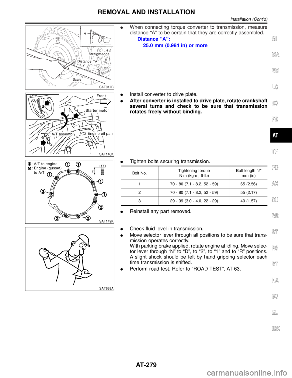 INFINITI QX4 2001 Factory Service Manual SAT017B
IWhen connecting torque converter to transmission, measure
distance ªAº to be certain that they are correctly assembled.
Distance ªAº:
25.0 mm (0.984 in) or more
SAT148K
IInstall converter INFINITI QX4 2001 Factory Service Manual SAT017B
IWhen connecting torque converter to transmission, measure
distance ªAº to be certain that they are correctly assembled.
Distance ªAº:
25.0 mm (0.984 in) or more
SAT148K
IInstall converter