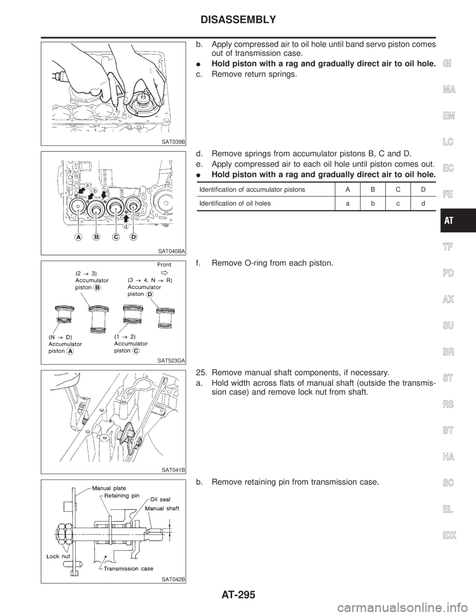 INFINITI QX4 2001 Factory Service Manual SAT039B
b. Apply compressed air to oil hole until band servo piston comes
out of transmission case.
IHold piston with a rag and gradually direct air to oil hole.
c. Remove return springs.
SAT040BA
d. INFINITI QX4 2001 Factory Service Manual SAT039B
b. Apply compressed air to oil hole until band servo piston comes
out of transmission case.
IHold piston with a rag and gradually direct air to oil hole.
c. Remove return springs.
SAT040BA
d.