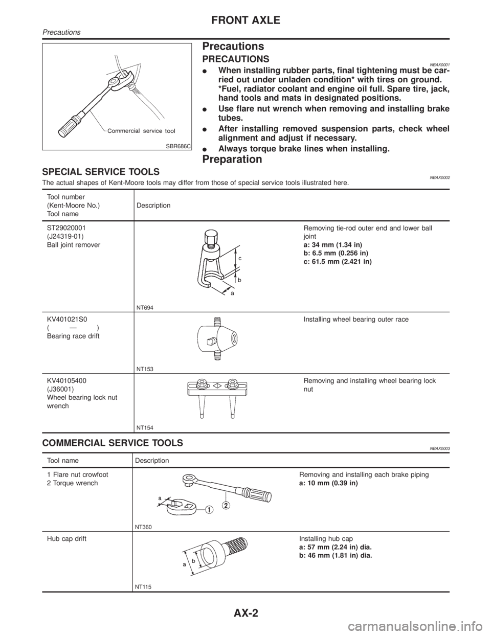 INFINITI QX4 2001 Factory Service Manual SBR686C
Precautions
PRECAUTIONSNBAX0001IWhen installing rubber parts, final tightening must be car-
ried out under unladen condition* with tires on ground.
*Fuel, radiator coolant and engine oil full. INFINITI QX4 2001 Factory Service Manual SBR686C
Precautions
PRECAUTIONSNBAX0001IWhen installing rubber parts, final tightening must be car-
ried out under unladen condition* with tires on ground.
*Fuel, radiator coolant and engine oil full.