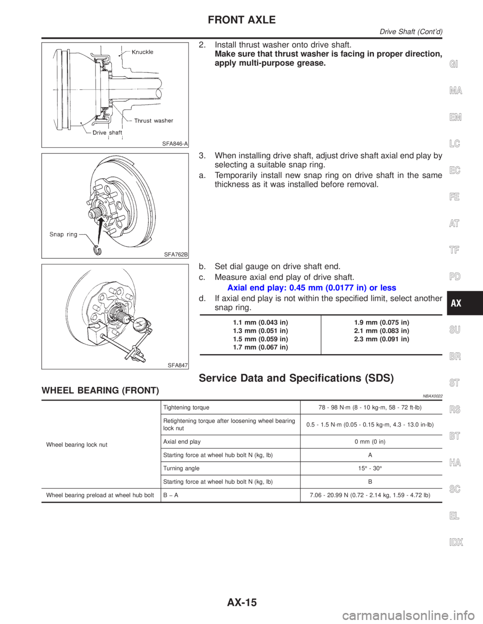 INFINITI QX4 2001 Factory Service Manual SFA846-A
2. Install thrust washer onto drive shaft.
Make sure that thrust washer is facing in proper direction,
apply multi-purpose grease.
SFA762B
3. When installing drive shaft, adjust drive shaft a INFINITI QX4 2001 Factory Service Manual SFA846-A
2. Install thrust washer onto drive shaft.
Make sure that thrust washer is facing in proper direction,
apply multi-purpose grease.
SFA762B
3. When installing drive shaft, adjust drive shaft a
