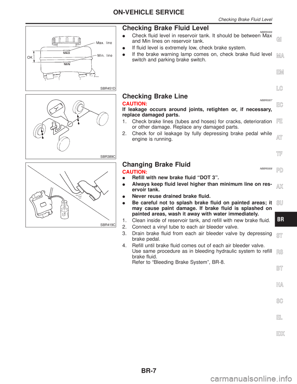 INFINITI QX4 2001 Factory Service Manual SBR451D
Checking Brake Fluid LevelNBBR0006ICheck fluid level in reservoir tank. It should be between Max
and Min lines on reservoir tank.
IIf fluid level is extremely low, check brake system.
IIf the INFINITI QX4 2001 Factory Service Manual SBR451D
Checking Brake Fluid LevelNBBR0006ICheck fluid level in reservoir tank. It should be between Max
and Min lines on reservoir tank.
IIf fluid level is extremely low, check brake system.
IIf the