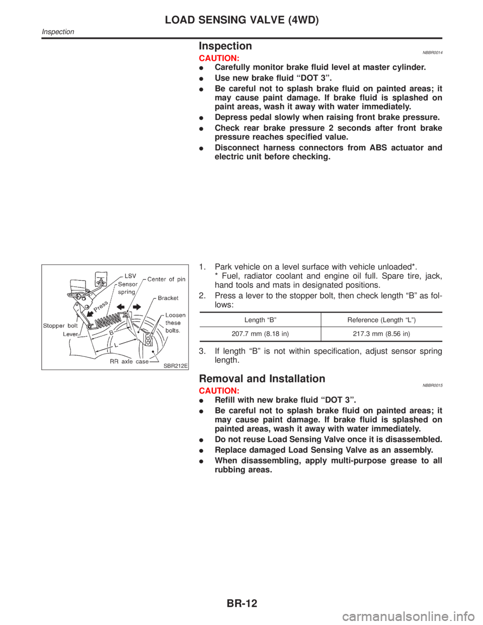 INFINITI QX4 2001 Factory Service Manual InspectionNBBR0014CAUTION:
ICarefully monitor brake fluid level at master cylinder.
IUse new brake fluid ªDOT 3º.
IBe careful not to splash brake fluid on painted areas; it
may cause paint damage. I INFINITI QX4 2001 Factory Service Manual InspectionNBBR0014CAUTION:
ICarefully monitor brake fluid level at master cylinder.
IUse new brake fluid ªDOT 3º.
IBe careful not to splash brake fluid on painted areas; it
may cause paint damage. I