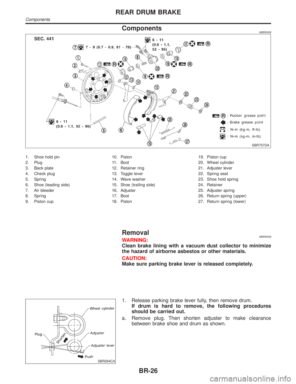 INFINITI QX4 2001 Factory Service Manual ComponentsNBBR0038
SBR757DA
1. Shoe hold pin
2. Plug
3. Back plate
4. Check plug
5. Spring
6. Shoe (leading side)
7. Air bleeder
8. Spring
9. Piston cup10. Piston
11. Boot
12. Retainer ring
13. Toggle INFINITI QX4 2001 Factory Service Manual ComponentsNBBR0038
SBR757DA
1. Shoe hold pin
2. Plug
3. Back plate
4. Check plug
5. Spring
6. Shoe (leading side)
7. Air bleeder
8. Spring
9. Piston cup10. Piston
11. Boot
12. Retainer ring
13. Toggle
